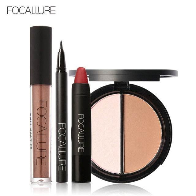 FOCALLURE New 4Pcs Easy Lip Makeup Black Eyeliner Pencil Matte Lip Gloss Sexy Matte Lip Sticker Face Bronzer Highlighter Palette