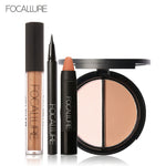 FOCALLURE New 4Pcs Easy Lip Makeup Black Eyeliner Pencil Matte Lip Gloss Sexy Matte Lip Sticker Face Bronzer Highlighter Palette