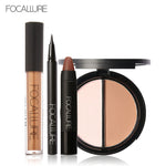 FOCALLURE New 4Pcs Easy Lip Makeup Black Eyeliner Pencil Matte Lip Gloss Sexy Matte Lip Sticker Face Bronzer Highlighter Palette