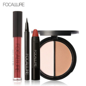 FOCALLURE New 4Pcs Easy Lip Makeup Black Eyeliner Pencil Matte Lip Gloss Sexy Matte Lip Sticker Face Bronzer Highlighter Palette