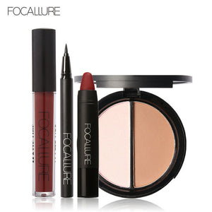 FOCALLURE New 4Pcs Easy Lip Makeup Black Eyeliner Pencil Matte Lip Gloss Sexy Matte Lip Sticker Face Bronzer Highlighter Palette