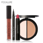 FOCALLURE New 4Pcs Easy Lip Makeup Black Eyeliner Pencil Matte Lip Gloss Sexy Matte Lip Sticker Face Bronzer Highlighter Palette