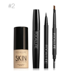 FOCALLURE 4Pcs Makeup Set with Foundation Cream High Liquid Eyeliner Pen and Black Volume Mascara Eyebrow Pencil