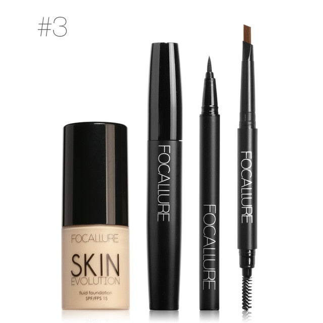 FOCALLURE 4Pcs Makeup Set with Foundation Cream High Liquid Eyeliner Pen and Black Volume Mascara Eyebrow Pencil
