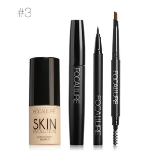 FOCALLURE 4Pcs Makeup Set with Foundation Cream High Liquid Eyeliner Pen and Black Volume Mascara Eyebrow Pencil