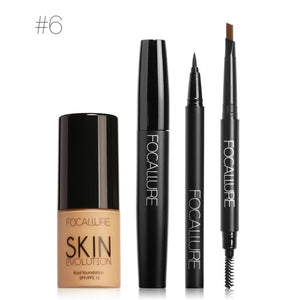 FOCALLURE 4Pcs Makeup Set with Foundation Cream High Liquid Eyeliner Pen and Black Volume Mascara Eyebrow Pencil