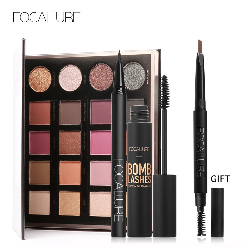 Buy 3 Get 1 Gfit FOCALLURE Black Color Mascara Liquid Eyeliner Pencil 20 Colors Shimmer Pigment Eyeshadow with Eyebrow