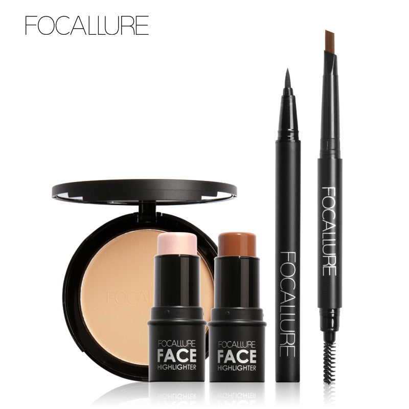 FOCALLURE Face Setting Powder Black Eyeliner Brown Eyebrow Pencil with 2Pcs Highlighter Stcker