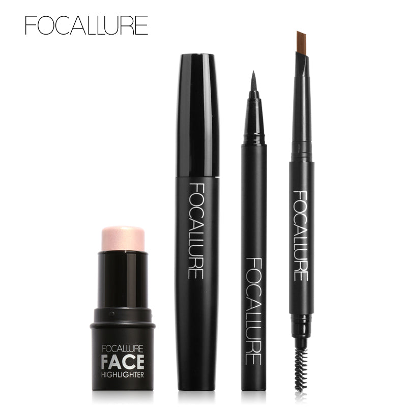 FOCALLURE 4Pcs Makeup Set with High Pigment Highlighter Cream Black Volume Mascara Eyeliner Pen and Eyebrow